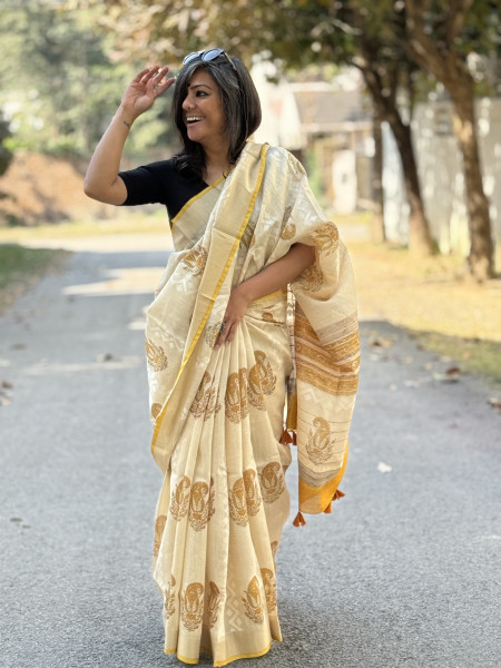 OFF WHITE-YELLOW  HAND BLOCK PRINT HANDLOOM SILK SARI