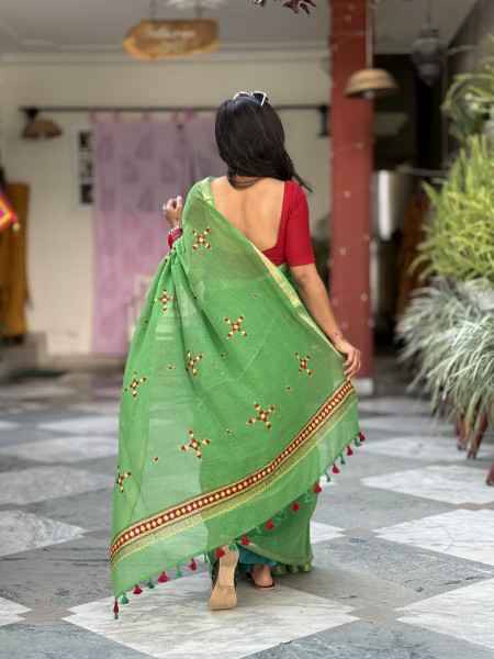 GREEN KOTA COTTON HAND EMBROIDERED SARI