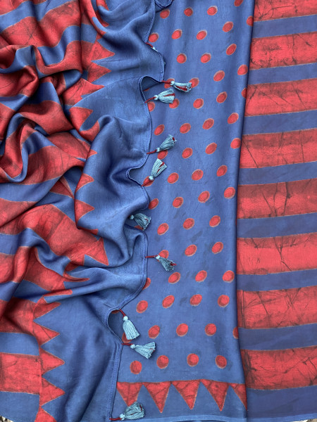INDIGO-MAROON MODAL SILK AJRAKH BLOCK PRINT SARI