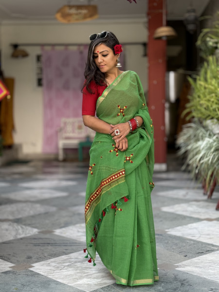 GREEN KOTA COTTON HAND EMBROIDERED SARI