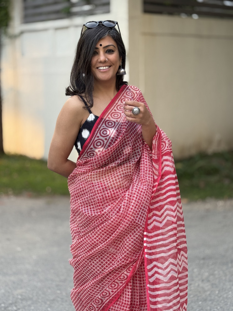 Image of RED HAND BLOCK PRINT COTTON KOTA SARI