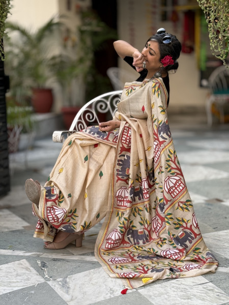 BEIGE KANTHA HAND EMBROIDERED TUSSAR  SILK SARI