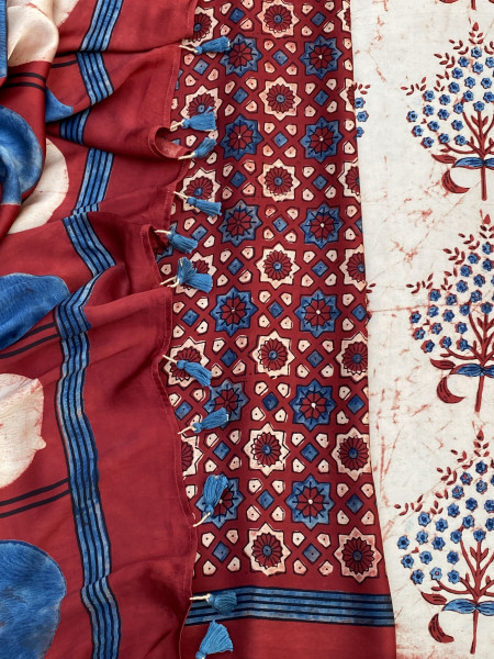 BEIGE-MAROON MODAL SILK AJRAKH BLOCK PRINT SARI