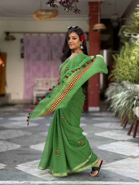 GREEN KOTA COTTON HAND EMBROIDERED SARI