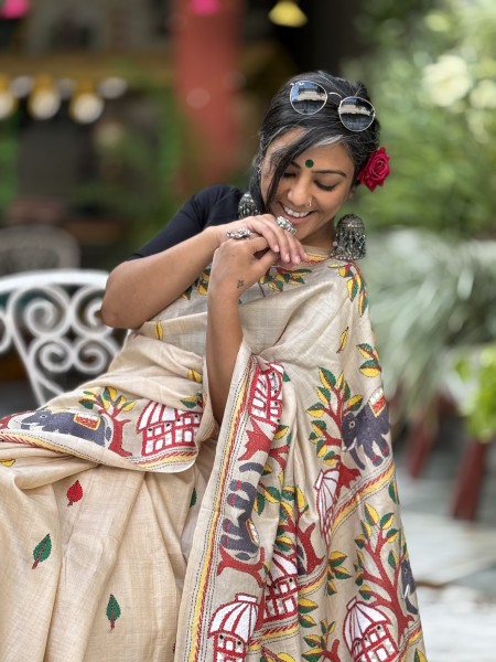 BEIGE KANTHA HAND EMBROIDERED TUSSAR  SILK SARI