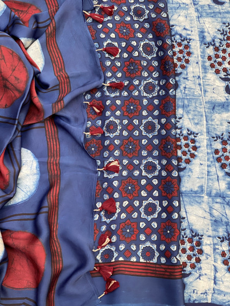 INDIGO MODAL SILK AJRAKH BLOCK PRINT SARI