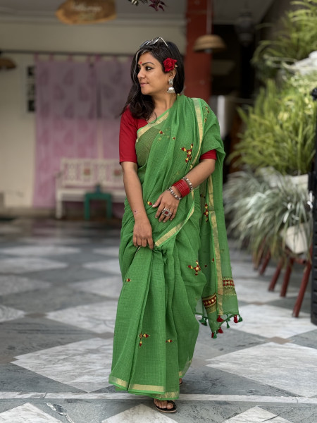GREEN KOTA COTTON HAND EMBROIDERED SARI