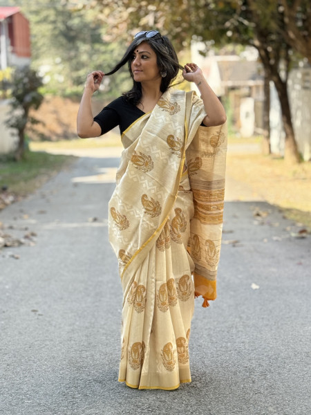 OFF WHITE-YELLOW  HAND BLOCK PRINT HANDLOOM SILK SARI