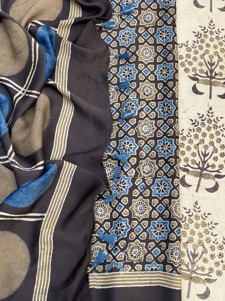 IVORY-BLACK MODAL SILK AJRAKH BLOCK PRINT SARI