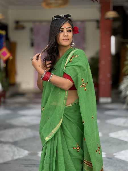 GREEN KOTA COTTON HAND EMBROIDERED SARI