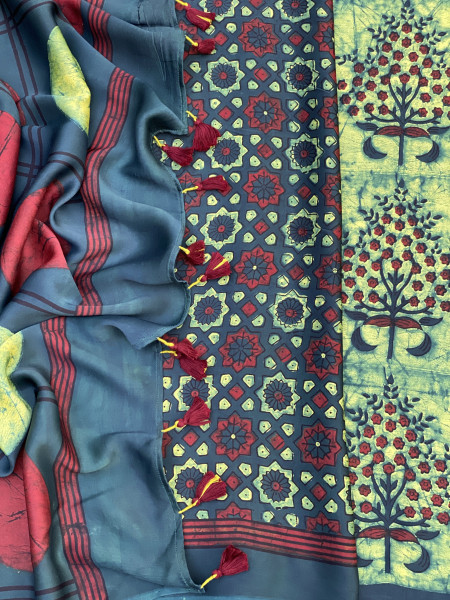BOTTLE-GREEN MODAL SILK AJRAKH BLOCK PRINT SARI