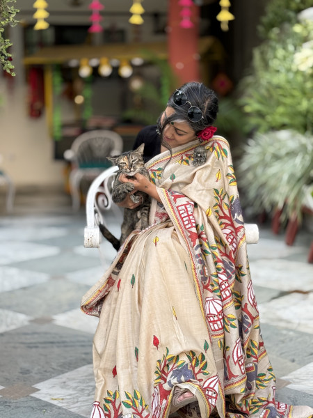 BEIGE KANTHA HAND EMBROIDERED TUSSAR  SILK SARI