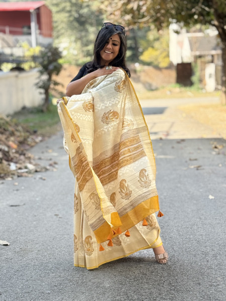OFF WHITE-YELLOW  HAND BLOCK PRINT HANDLOOM SILK SARI