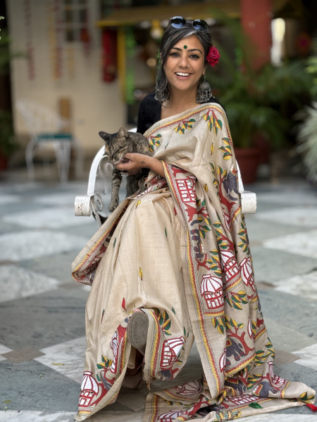 BEIGE KANTHA HAND EMBROIDERED TUSSAR  SILK SARI