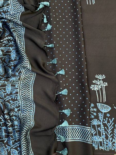 BLACK-INDIGO MODAL SILK AJRAKH BLOCK PRINT SARI