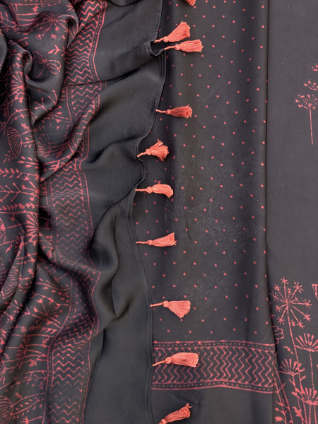 BLACK-MAROON MODAL SILK AJRAKH BLOCK PRINT SARI