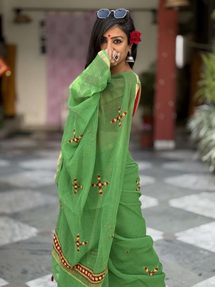 Image of GREEN KOTA COTTON HAND EMBROIDERED SARI