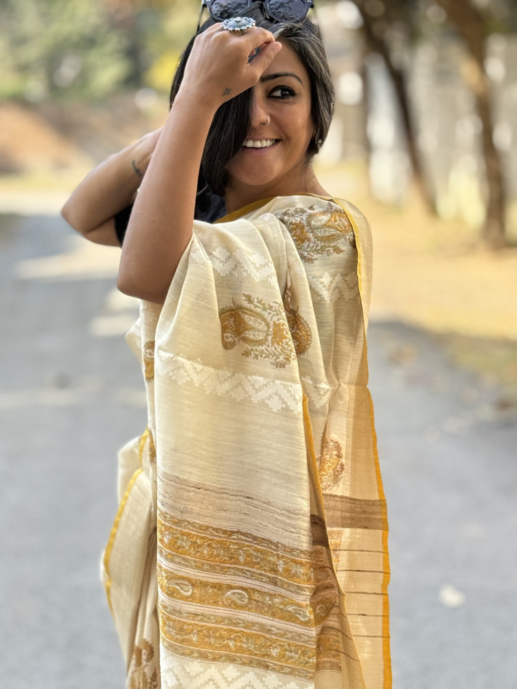 Image of OFF WHITE-YELLOW  HAND BLOCK PRINT HANDLOOM SILK SARI