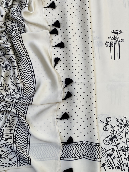 OFF WHITE-BLACK MODAL SILK AJRAKH BLOCK PRINT SARI