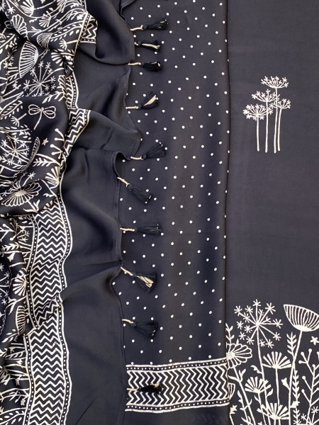 BLACK-WHITE MODAL SILK AJRAKH BLOCK PRINT SARI