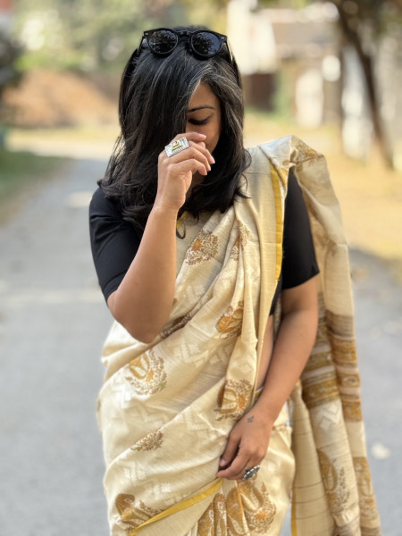 OFF WHITE-YELLOW  HAND BLOCK PRINT HANDLOOM SILK SARI