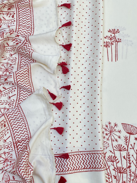 OFF WHITE-RED MODAL SILK AJRAKH BLOCK PRINT SARI