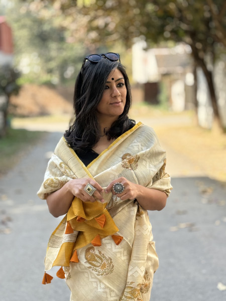 OFF WHITE-YELLOW  HAND BLOCK PRINT HANDLOOM SILK SARI