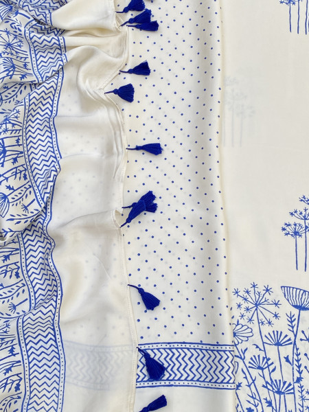 OFF WHITE-INDIGO MODAL SILK AJRAKH BLOCK PRINT SARI