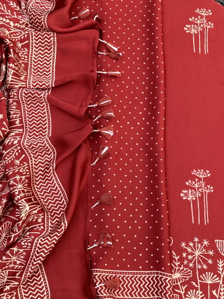 RED-WHITE MODAL SILK AJRAKH BLOCK PRINT SARI