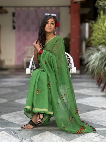 GREEN KOTA COTTON HAND EMBROIDERED SARI