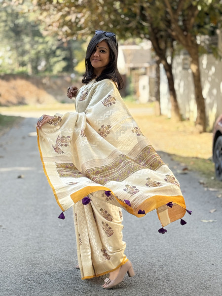 OFF WHITE-PURPLE  HAND BLOCK PRINT HANDLOOM SILK SARI