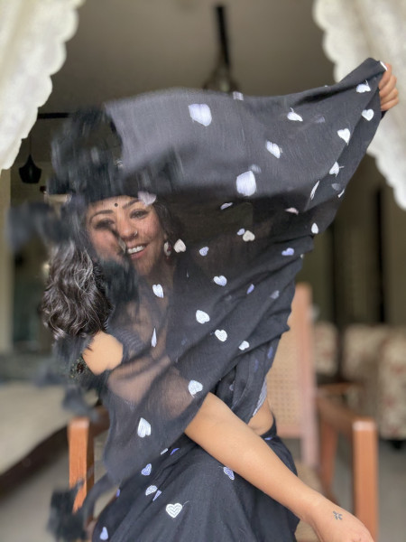 BLACK COTTON MULMUL EMBROIDERED SARI