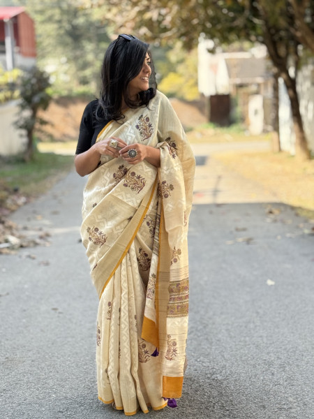 OFF WHITE-PURPLE  HAND BLOCK PRINT HANDLOOM SILK SARI