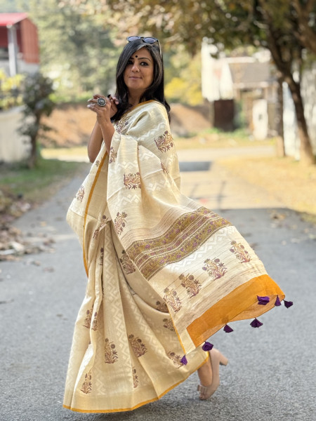 OFF WHITE-PURPLE  HAND BLOCK PRINT HANDLOOM SILK SARI