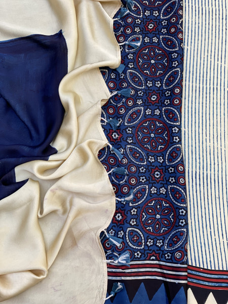 OFF WHITE-INDIGO MODAL SILK AJRAKH BLOCK PRINT SARI