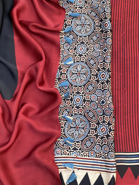 MAROON-BLACK MODAL SILK AJRAKH BLOCK PRINT SARI