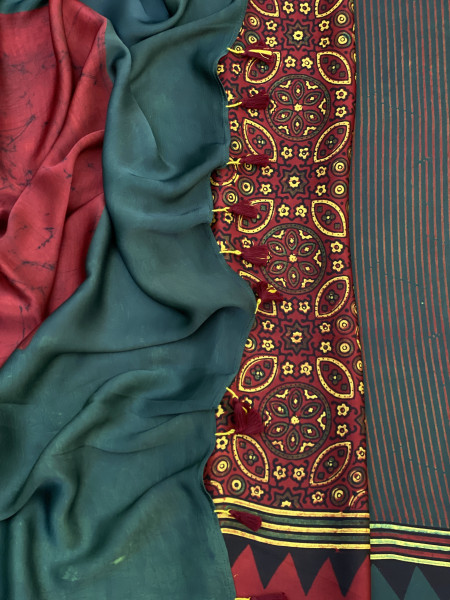 BOTTLE GREEN-MAROON MODAL SILK AJRAKH BLOCK PRINT SARI
