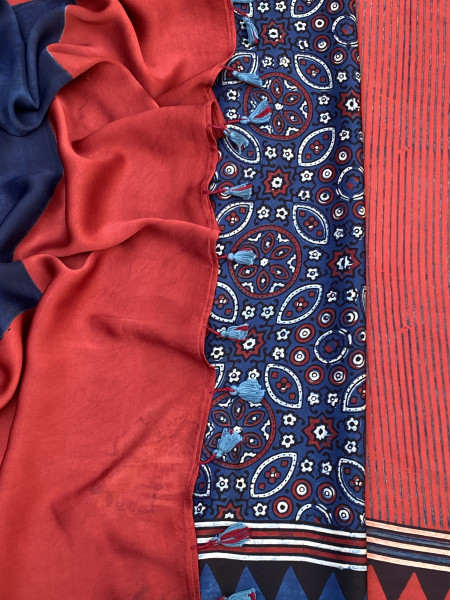 MAROON-INDIGO MODAL SILK AJRAKH BLOCK PRINT SARI