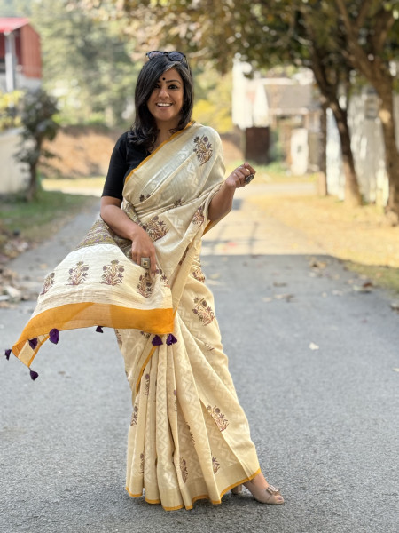 OFF WHITE-PURPLE  HAND BLOCK PRINT HANDLOOM SILK SARI