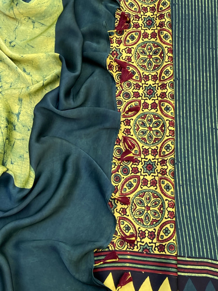 BOTTLE GREEN-YELLOW MODAL SILK AJRAKH BLOCK PRINT SARI