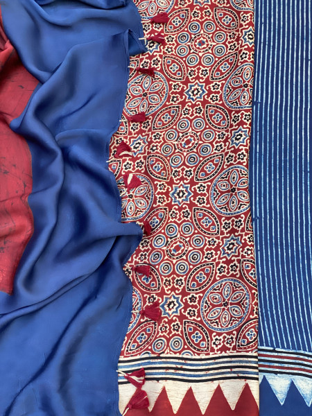 INDIGO-MAROON MODAL SILK AJRAKH BLOCK PRINT SARI