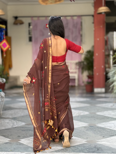 BROWN KOTA COTTON HAND EMBROIDERED SARI