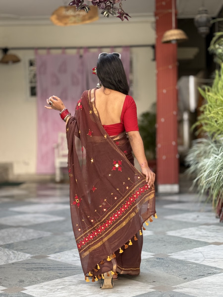 BROWN KOTA COTTON HAND EMBROIDERED SARI
