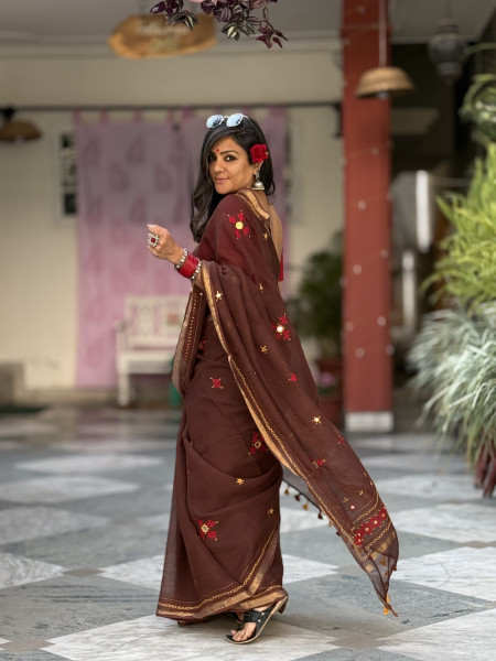 BROWN KOTA COTTON HAND EMBROIDERED SARI