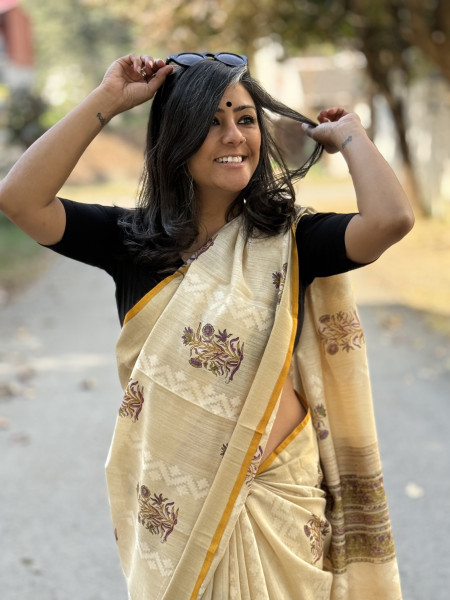 OFF WHITE-PURPLE  HAND BLOCK PRINT HANDLOOM SILK SARI