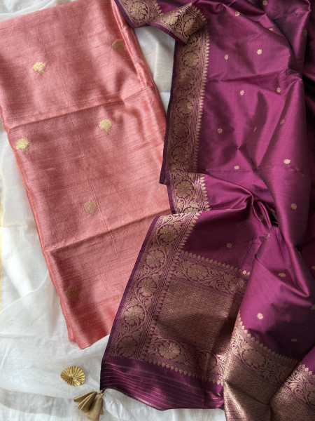PEACH-WINE ZARI WOVEN BANARSI SILK SHIRT-dupatta Set