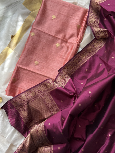 PEACH-WINE ZARI WOVEN BANARSI SILK SHIRT-dupatta Set