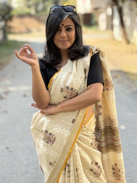 OFF WHITE-PURPLE  HAND BLOCK PRINT HANDLOOM SILK SARI