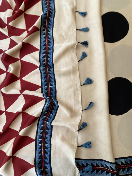 OFF WHITE-BLACK MODAL SILK AJRAKH BLOCK PRINT SARI