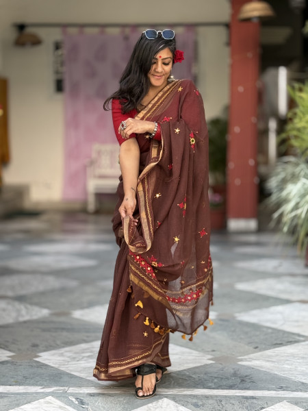 BROWN KOTA COTTON HAND EMBROIDERED SARI